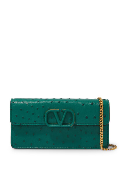 Valentino Vsling Ostrich Leather Wallet On Chain