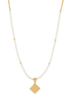 Kufi Calligraphy Necklace, 18k Gold with Sapphire & Pearl