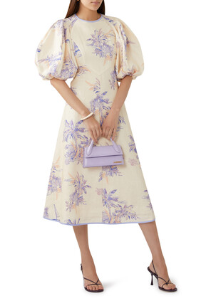 Puff-Sleeve Linen Midi Dress