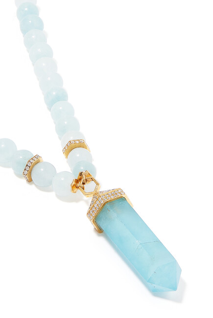 Chakra Large Vertical Beaded Necklace, 18k Yellow Gold with Diamonds & Aquamarine