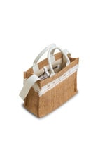 Ecru Raffia-Effect Small Tote Bag with Tufted Logo