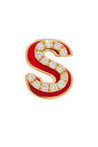 Letter S Stud Earring, 18k Yellow Gold. with Pink Enamel and Diamond
