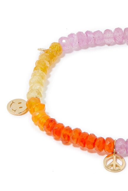 Multi-Charm on Multicolored Stones Beaded Bracelet, 14k Yellow Gold & Semi-Precious Beads