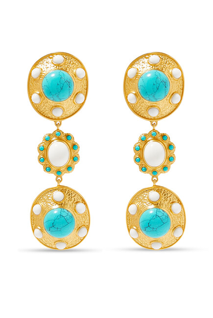 Amara Earrings, 24k Yellow Gold-Plated Brass, Turquoise & White Cabochons
