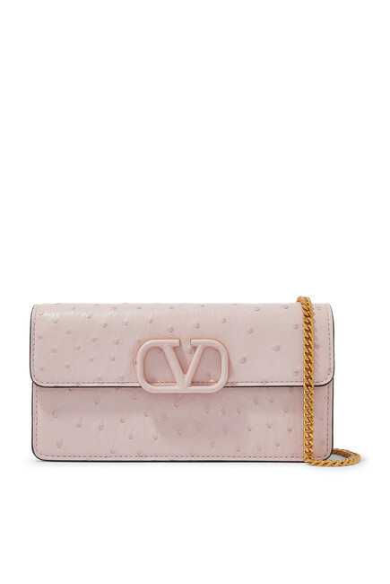  V Sling Ostrich Leather Wallet on Chain