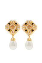 Natalie Pacifique Earrings, 24k Gold Plated Brass & Quartz Crystal & Onyx Stones & Pearl Drop