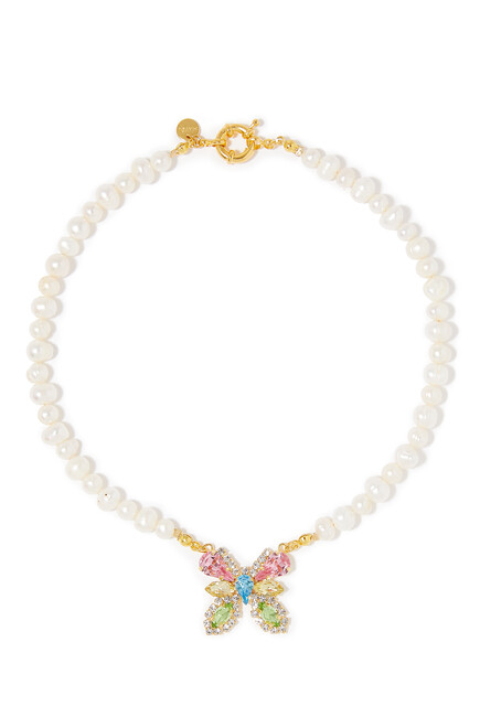 Mariah Necklace, 24k Gold-plated Brass with Fresh Water Pearls & Swarovski Crystals