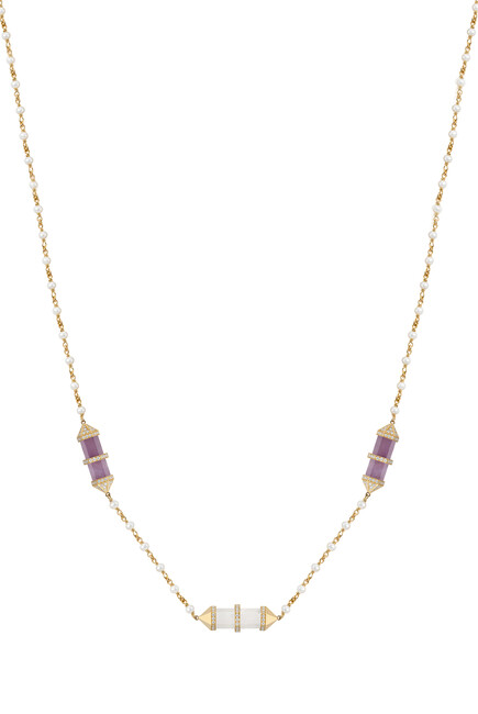 Chakra Small Horizontal Necklace, 18k Yellow Gold with Diamonds, Amethyst & Milky Quartz