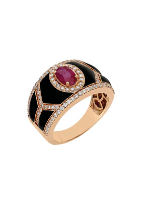 Shield Ring, 18k Rose Gold with Enamel, Diamonds & Ruby