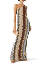 One-Shoulder Long Dress in Lamé Viscose with Zigzag