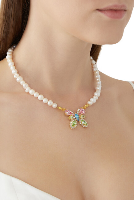 Mariah Necklace, 24k Gold-plated Brass with Fresh Water Pearls & Swarovski Crystals