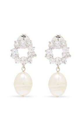 Robin Earrings, 18k White Gold-Plated Brass with Cubic Zirconia & Baroque Pearls