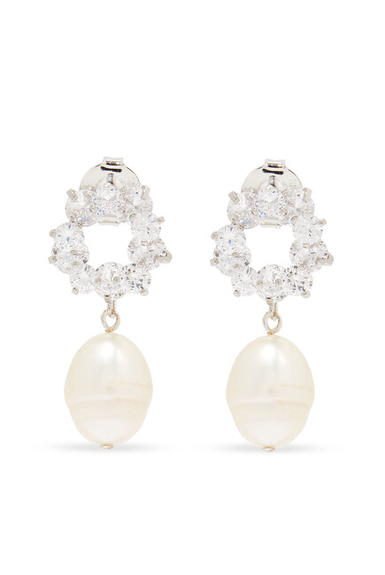 Robin Earrings, 18k White Gold-Plated Brass with Cubic Zirconia & Baroque Pearls