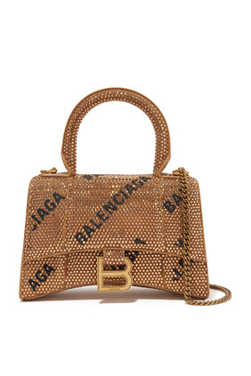 Hourglass Extra Small Handbag with Chain & All Over Logo Rhinestones