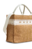 Ecru Raffia-Effect Small Tote Bag with Tufted Logo