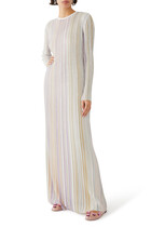 Sequin-Embellished Striped Pleated Maxi Dress