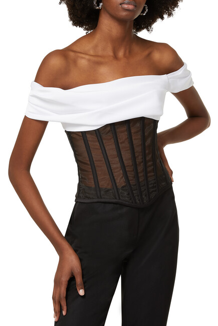 Cold-Shoulder Satin And Tulle Corset Top