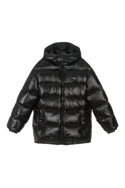 Long Nylon Down Jacket with Logo Tag