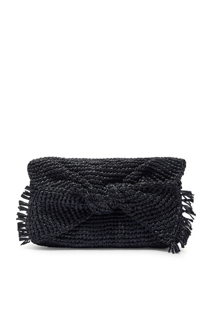 Bow fringed raffia clutch