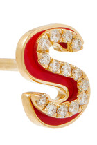 Letter S Stud Earring, 18k Yellow Gold. with Pink Enamel and Diamond
