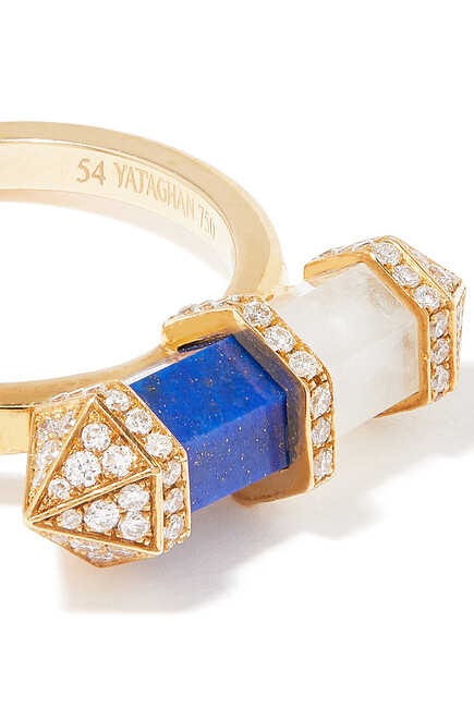 Chakra Half Small Horizontal Ring, 18k Yellow Gold with Diamonds, Lapis Lazuli & Milky Quartz