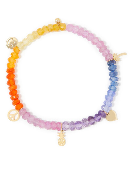 Multi-Charm on Multicolored Stones Beaded Bracelet, 14k Yellow Gold & Semi-Precious Beads