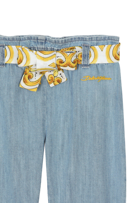 Kids Denim Trousers with Printed Paperbag Belt