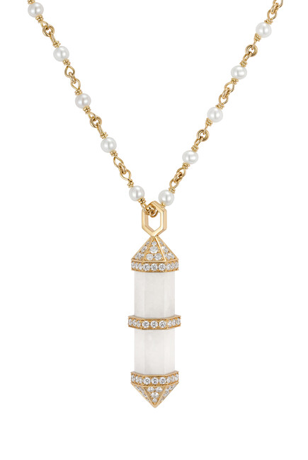 Chakra Medium Vertical Necklace, 18k Yellow Gold with Diamonds & Milky Quartz