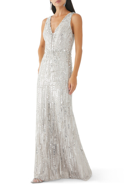 Raquel Crystal-Embellished V-Neck Gown