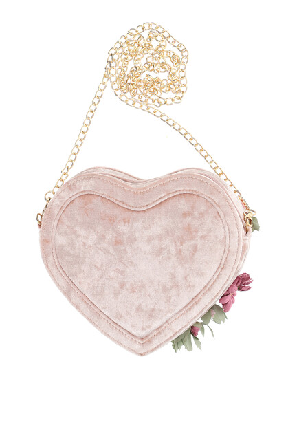 Heart-Shaped Furry Shoulder Bag with Rose Applique