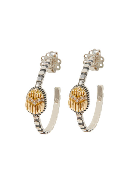 Scarab Hoop Earrings, 18k Yellow Gold & Sterling Silver with Diamonds