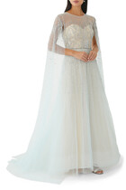 Embellished Cape-sleeve Tulle Gown