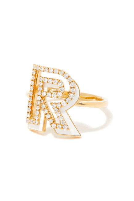 Letter R Silhouette Ring, 18k Yellow Gold with Diamonds