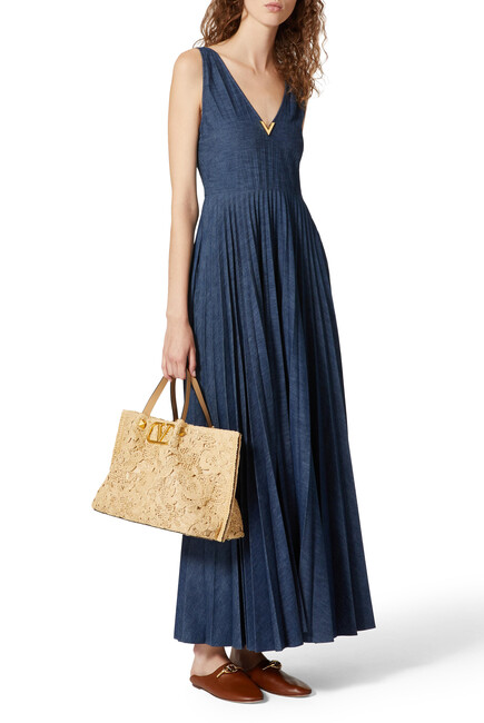 Embellished Plissé-Denim Midi Dress