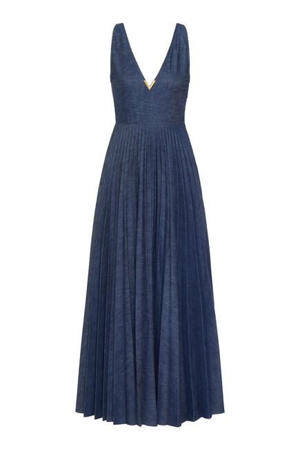 Embellished Plissé-Denim Midi Dress