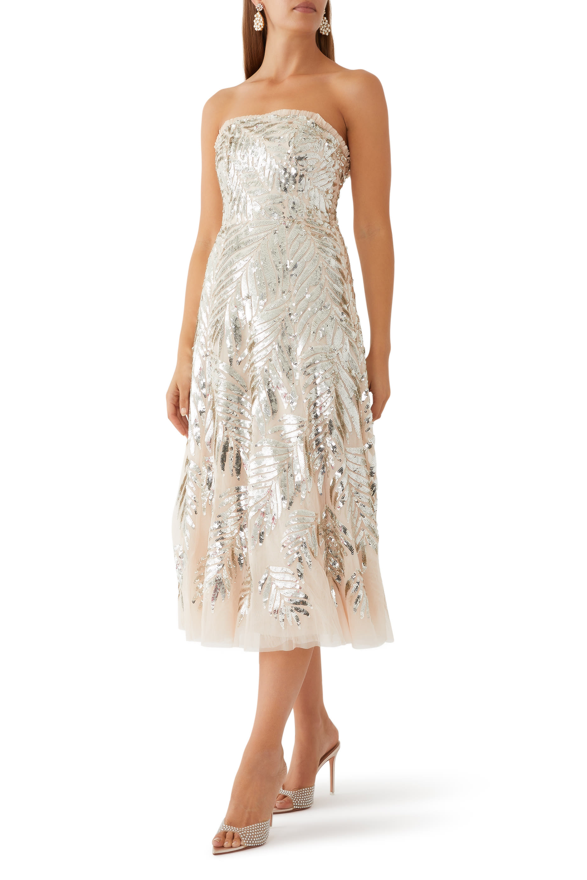 Feather Sequin Strapless Ballerina Dress