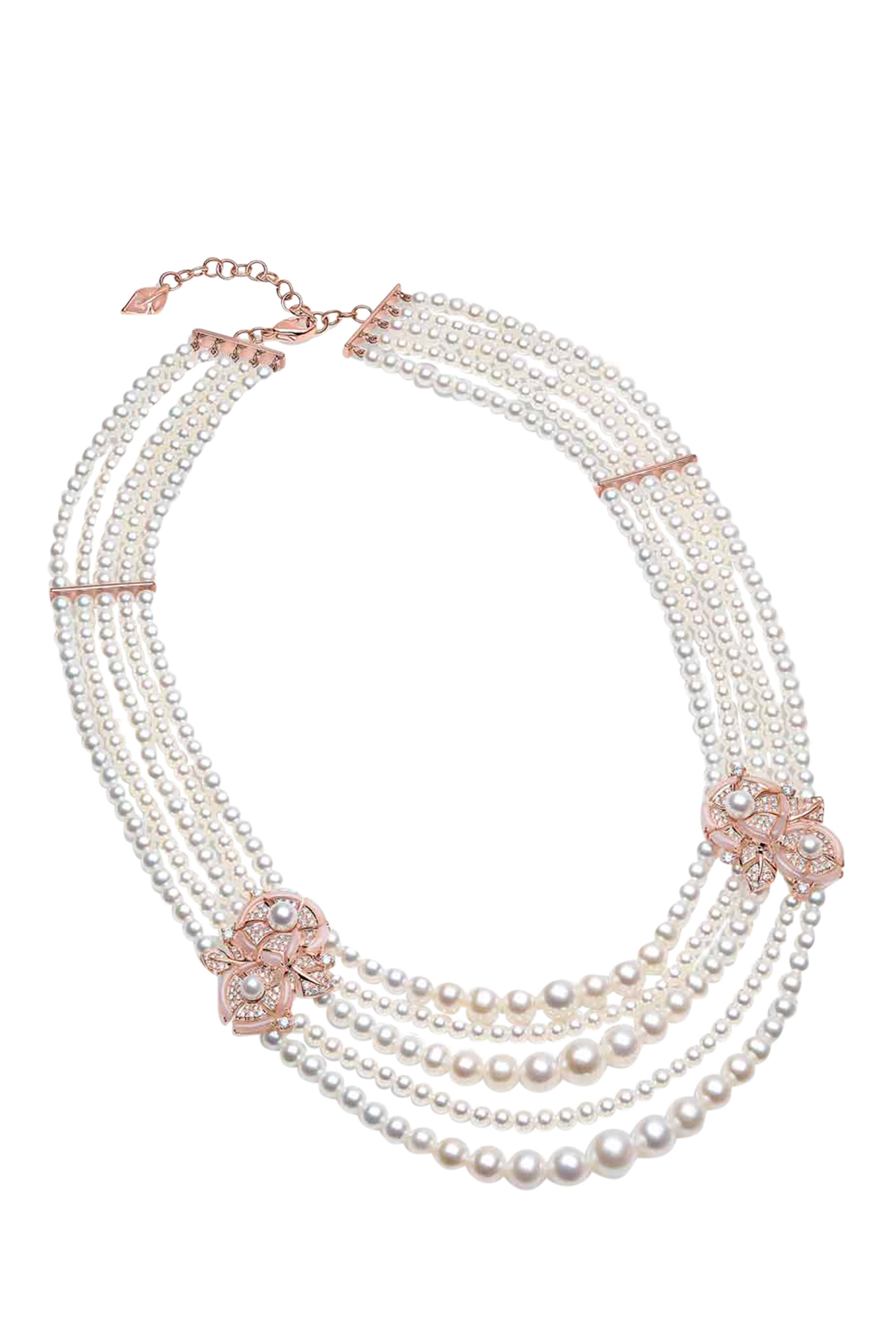 Cleopatra Necklace, 18K Rose Gold with Freshwater Pearls, Pink Opal & Diamonds