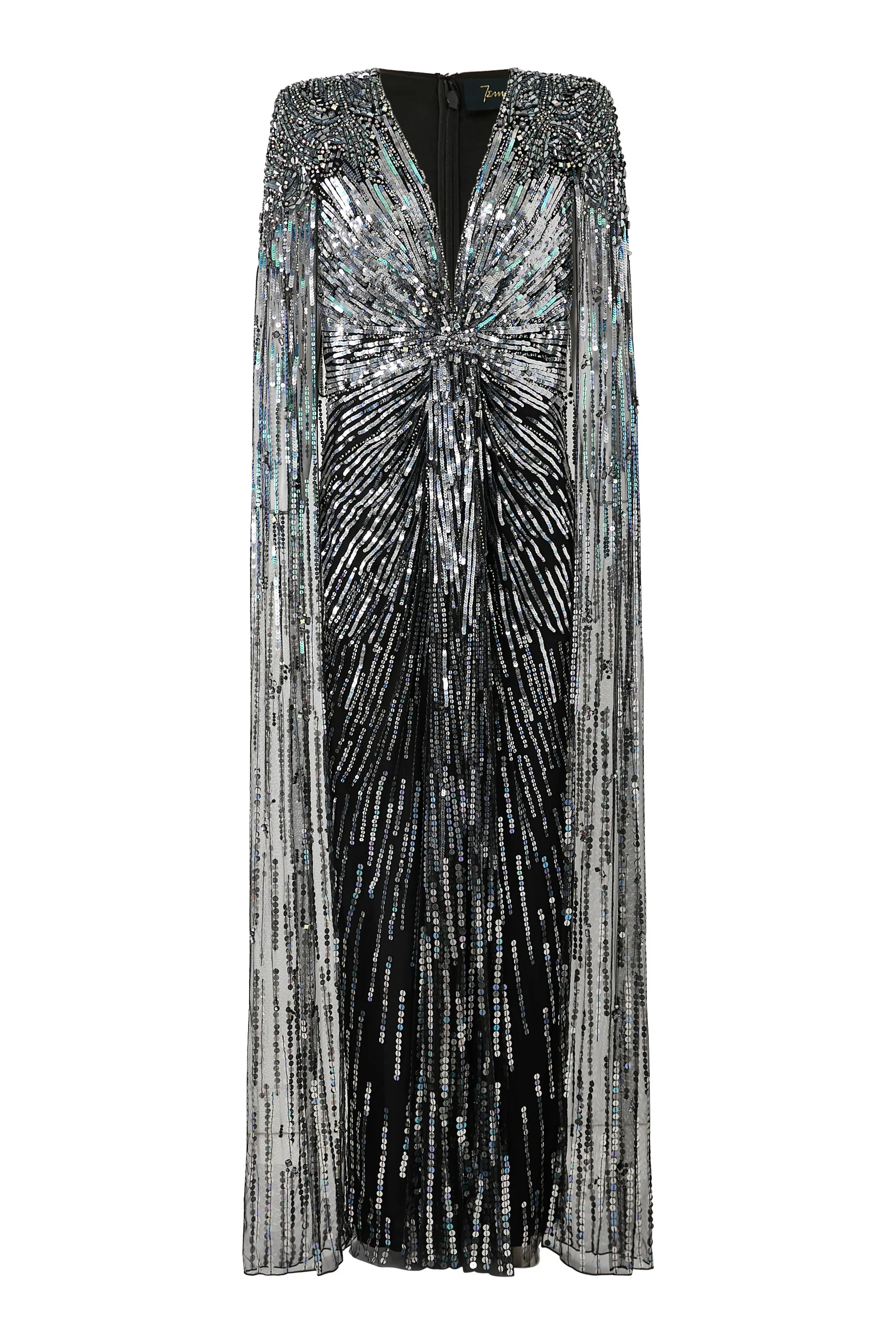 Embellished Cape-Effect Tulle Gown