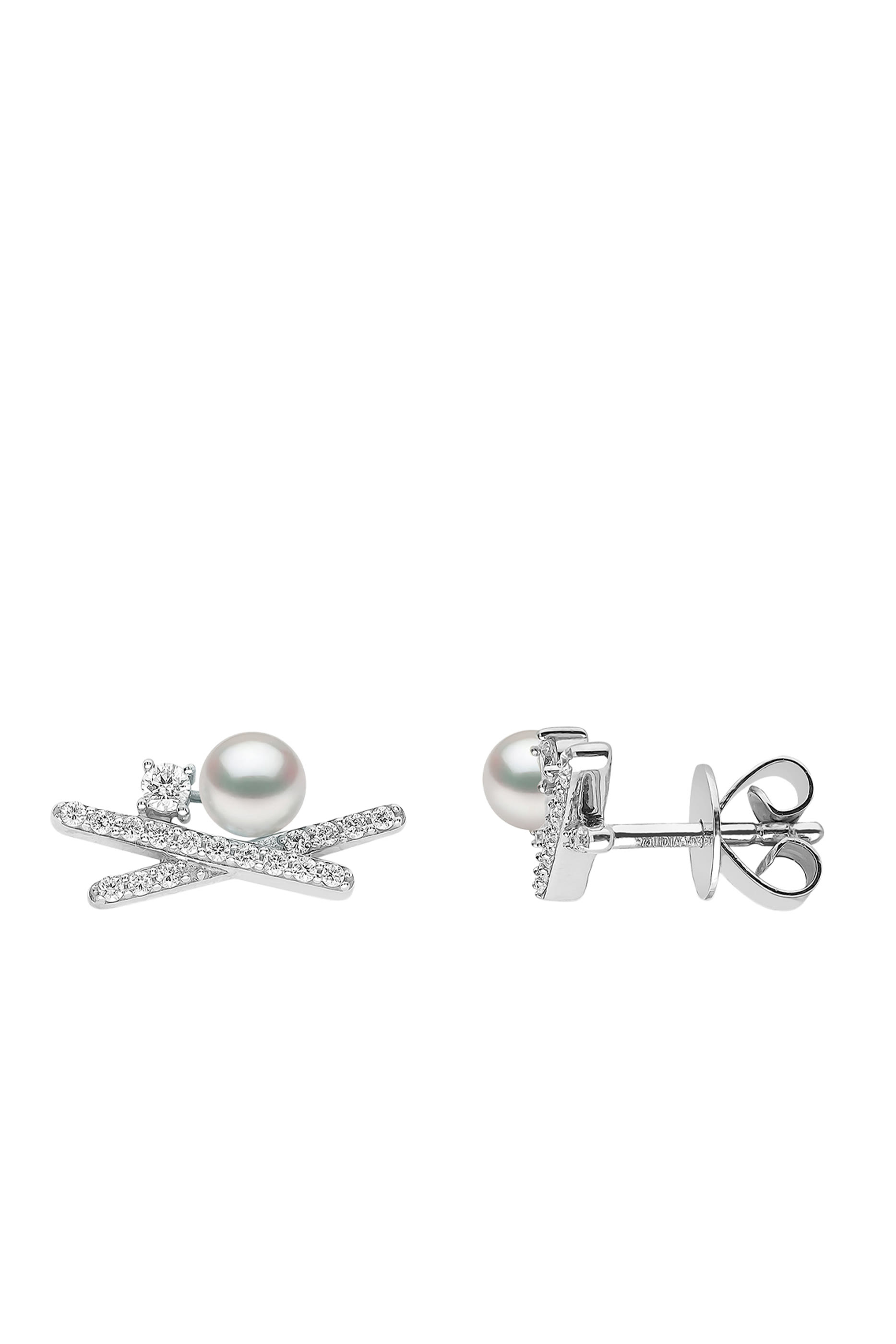 Sleek Cross Earrings, 18k White Gold with Akoya Pearls & Diamonds