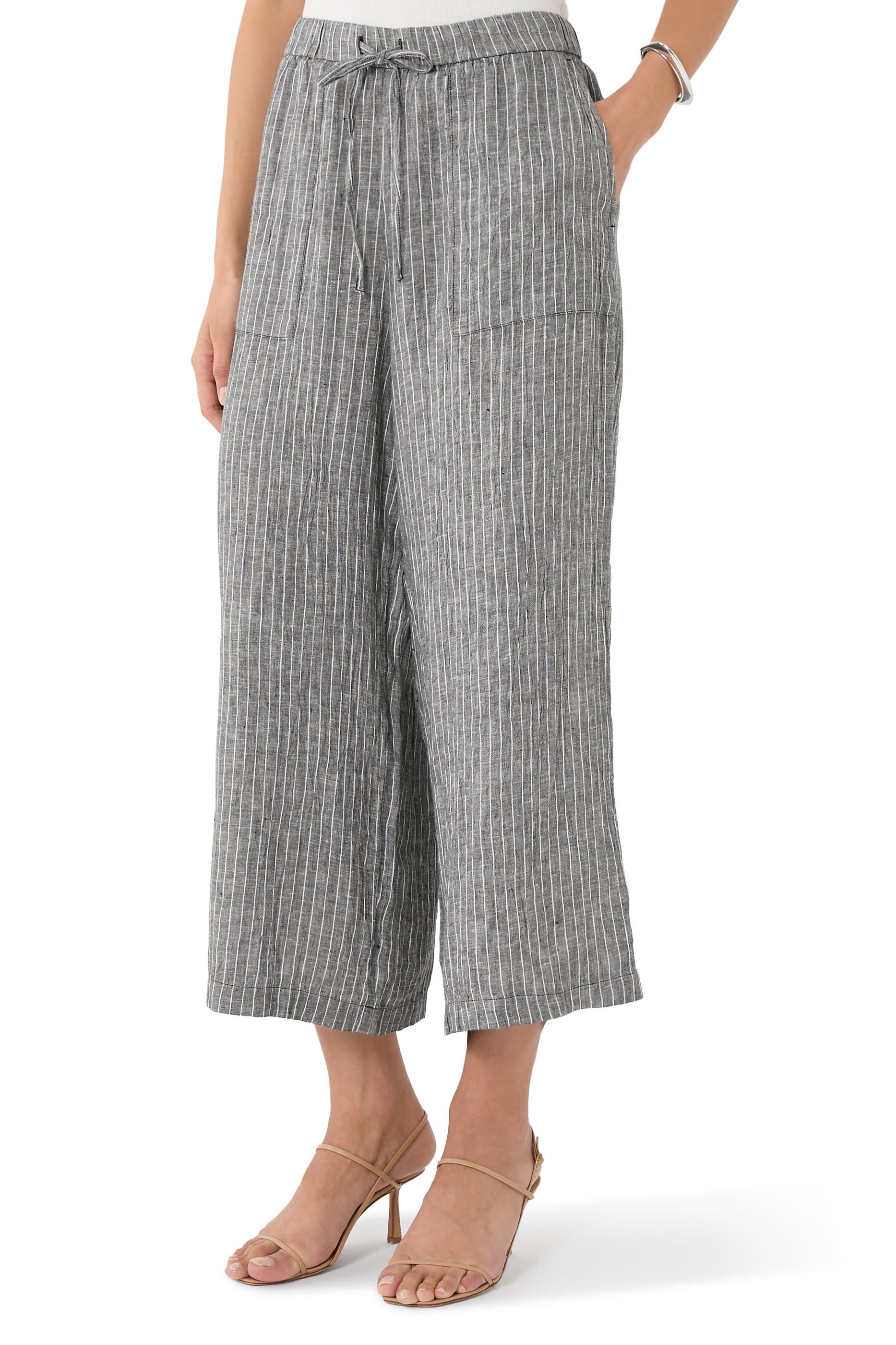 Puckered Organic Linen Wide-Leg Cropped Pants