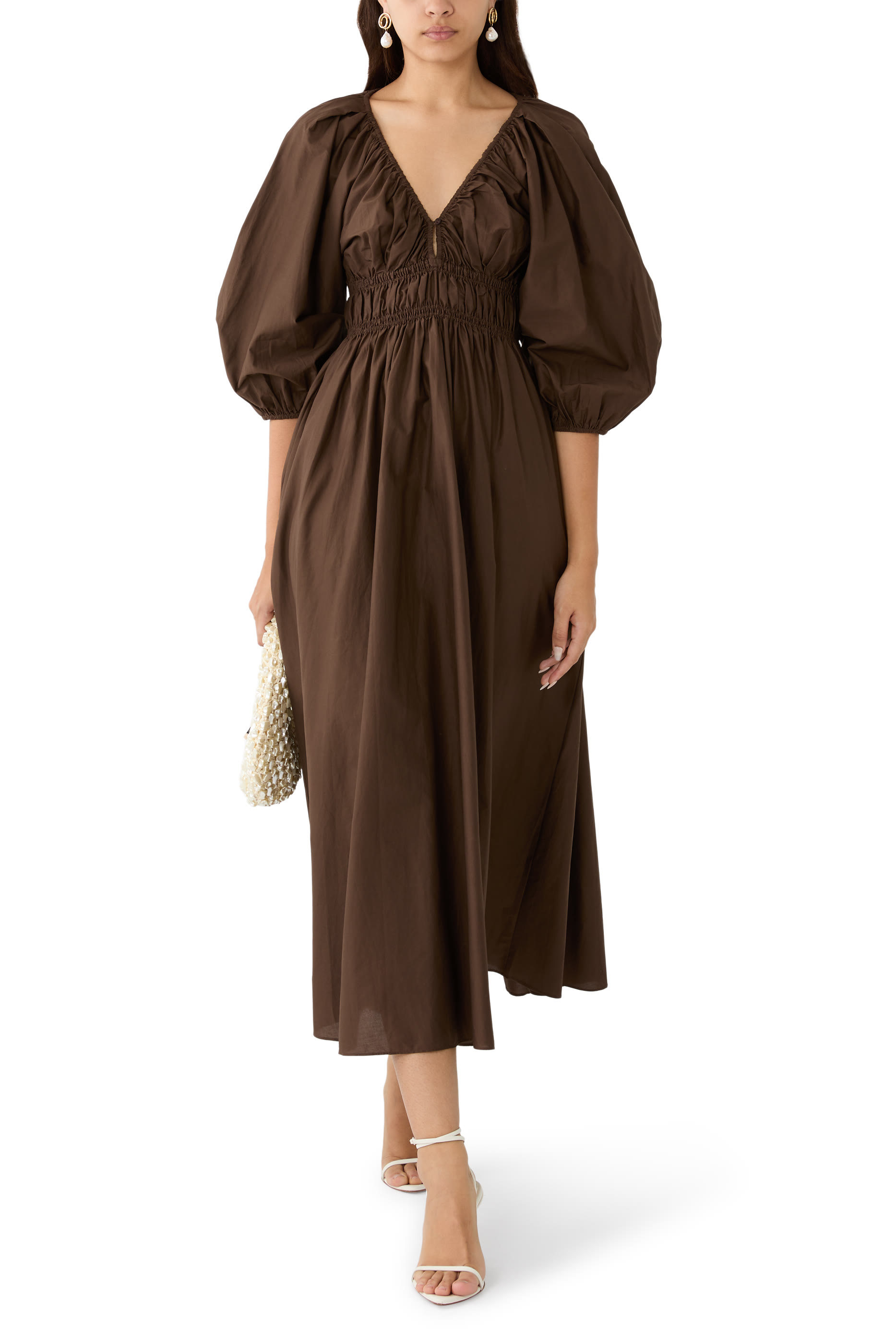 Shirred Plunge Button Dress