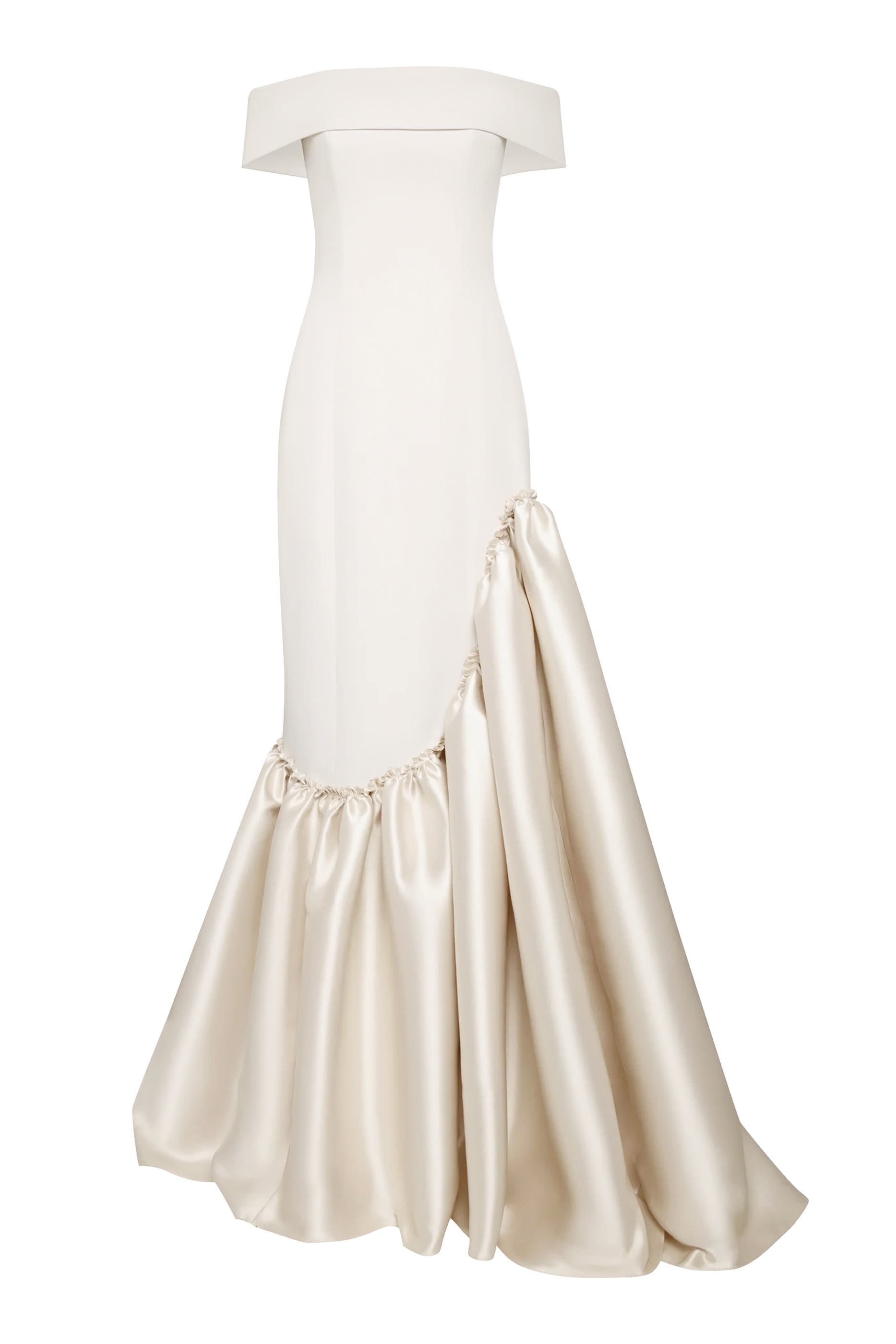Off-Shoulder Slim Cut Crepe Gown With Asymmetrical Trumpet Mikado Skirt