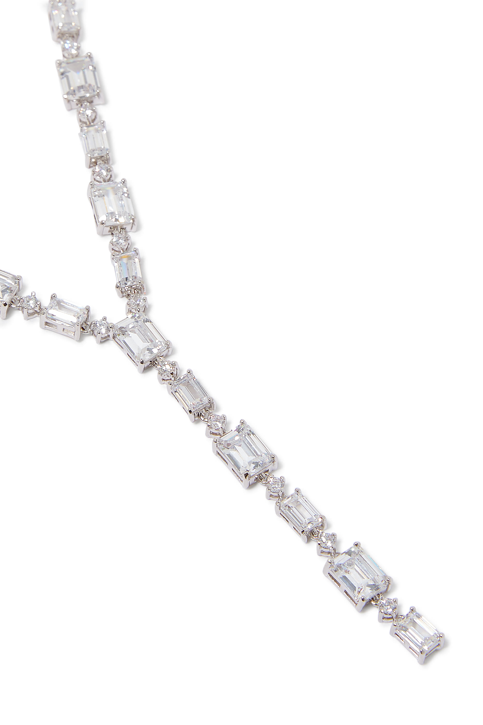 Long Delicate Y Necklace, Rhodium Plated Brass & Cubic Zirconia