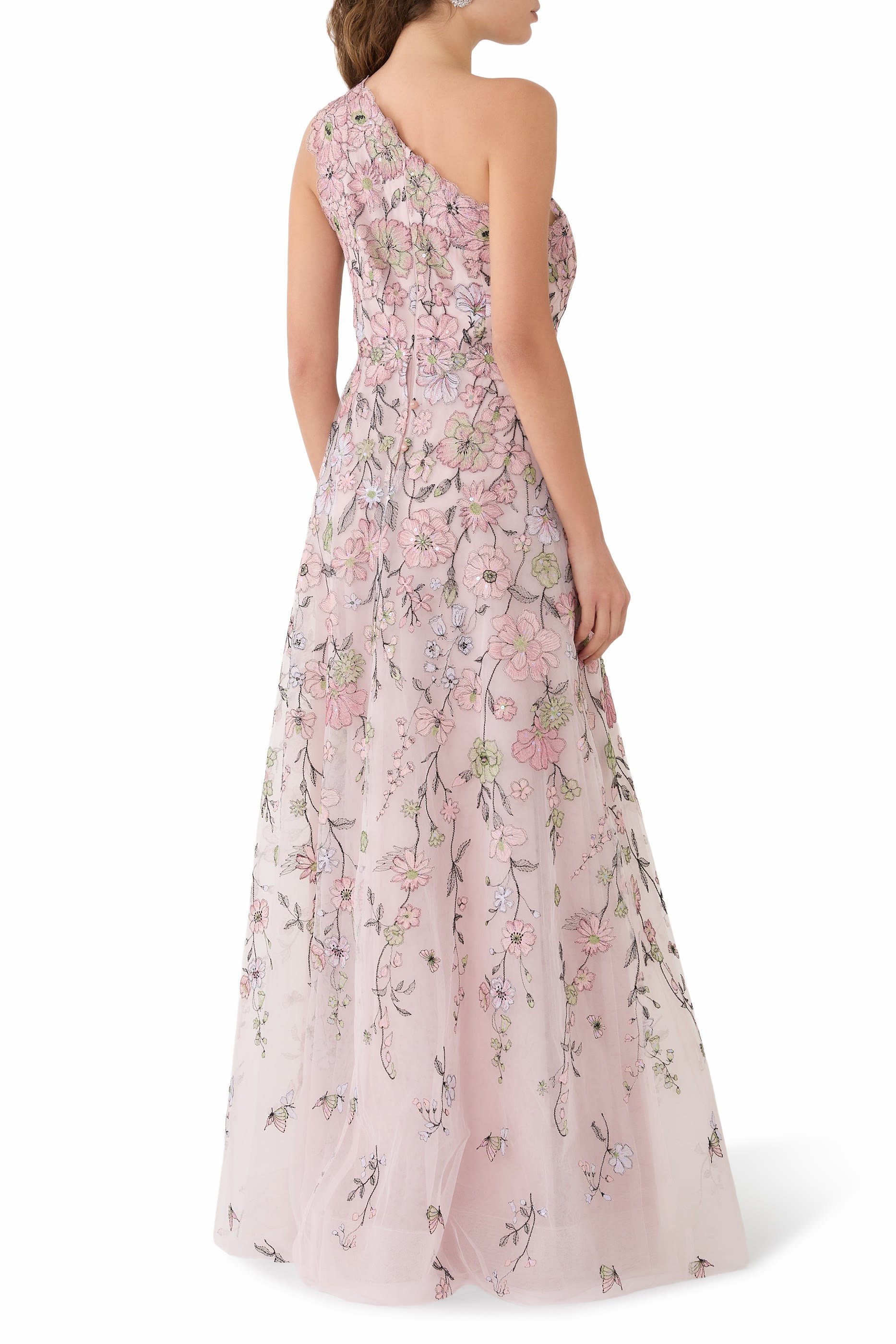 Floral Embroidered Tulle One-Shoulder Gown