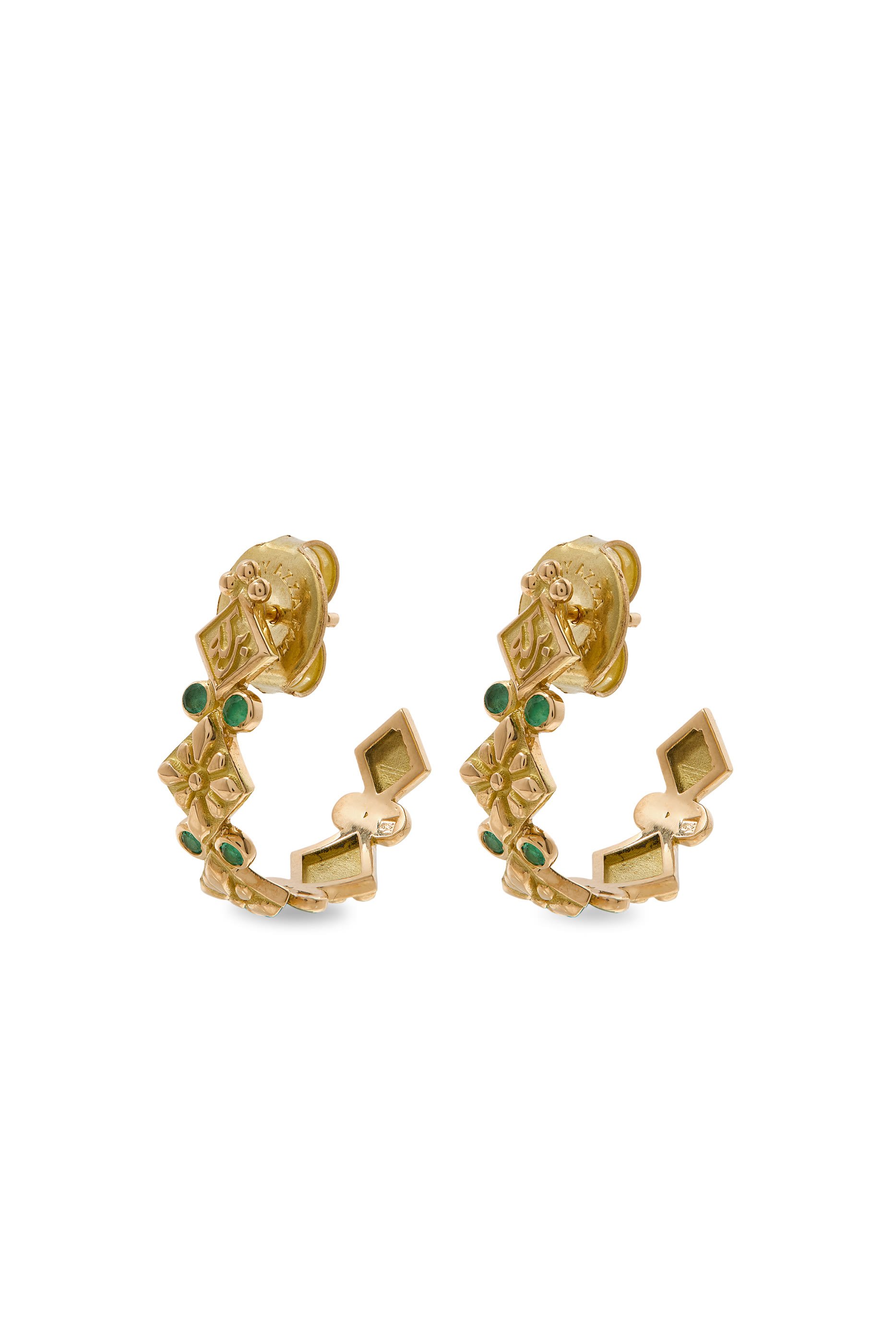 Calligraphy Prosperity and Blessing Hoop Earrings, 18k Yellow Gold & Diamond, Emerald