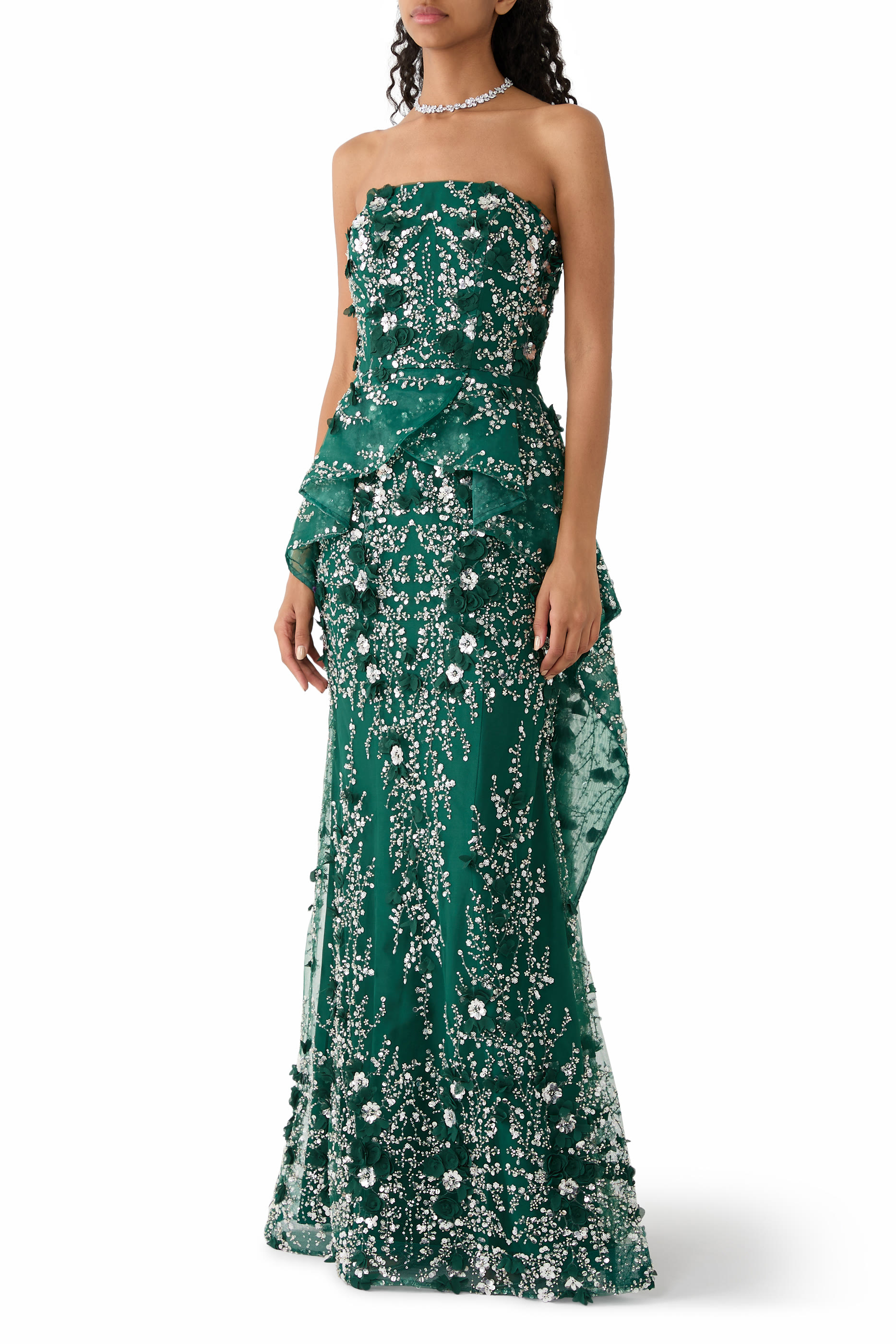 Flower-Embellished Strapless Gown