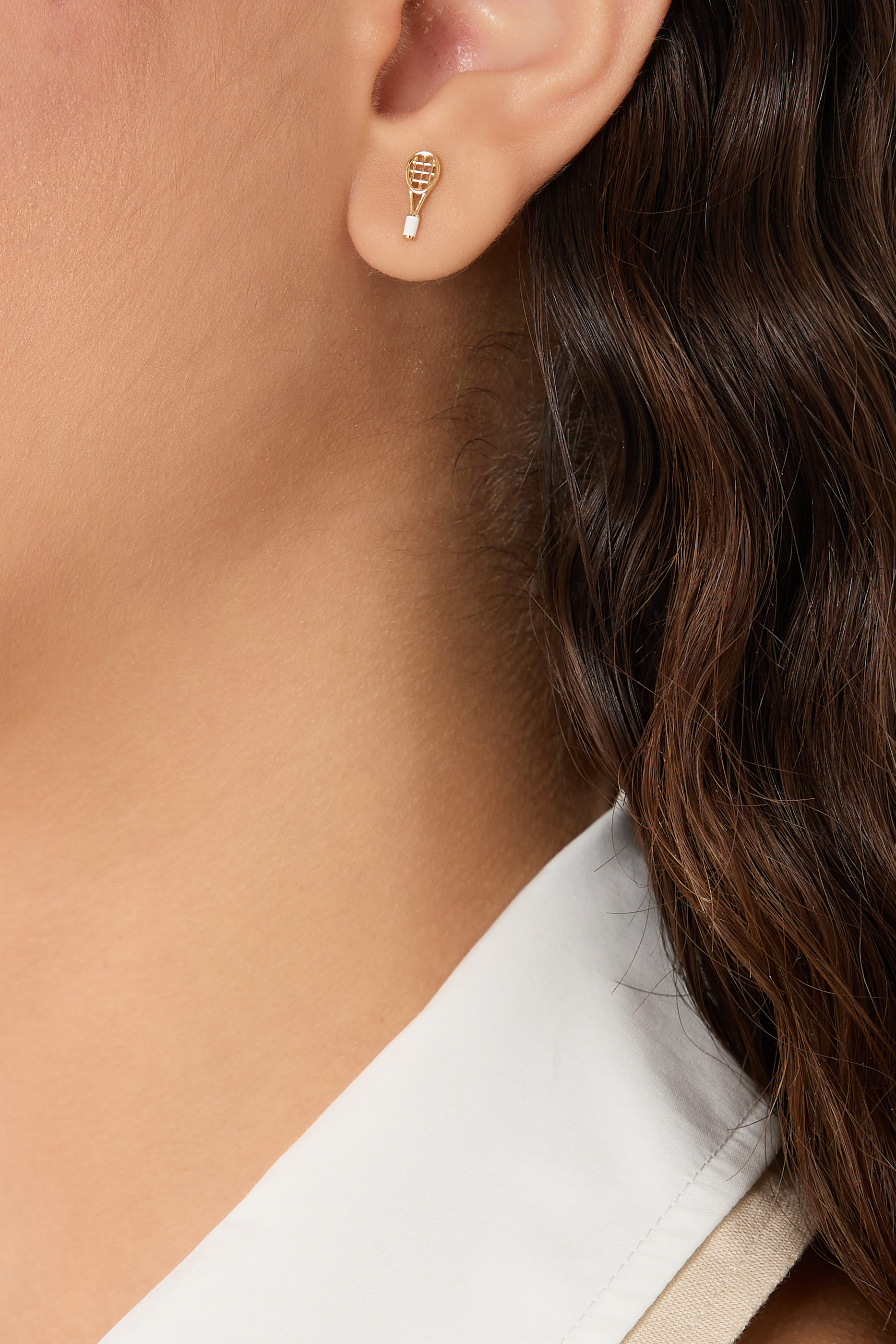 Tennis Racket and Ball Stud Earrings, 18k Yellow Gold