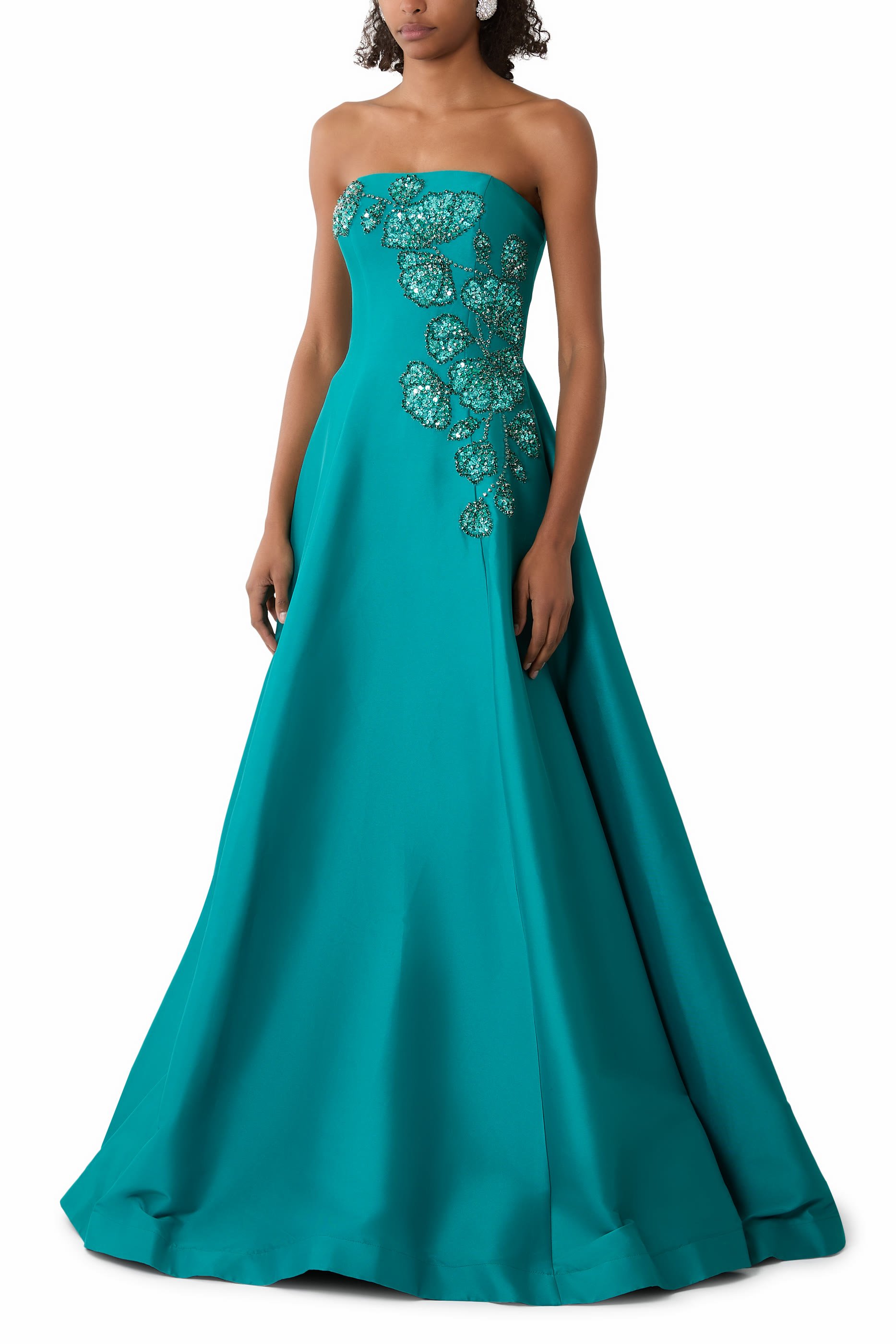 Intricate Floral Appliqu&eacute; Strapless A-Line Gown