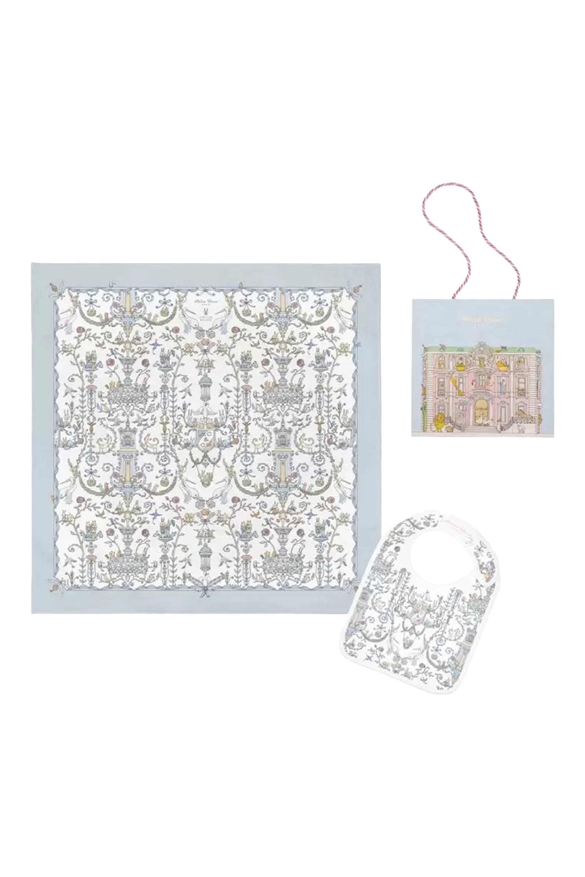 Carré & Satin Bib Set in Toile de Jouy Blue