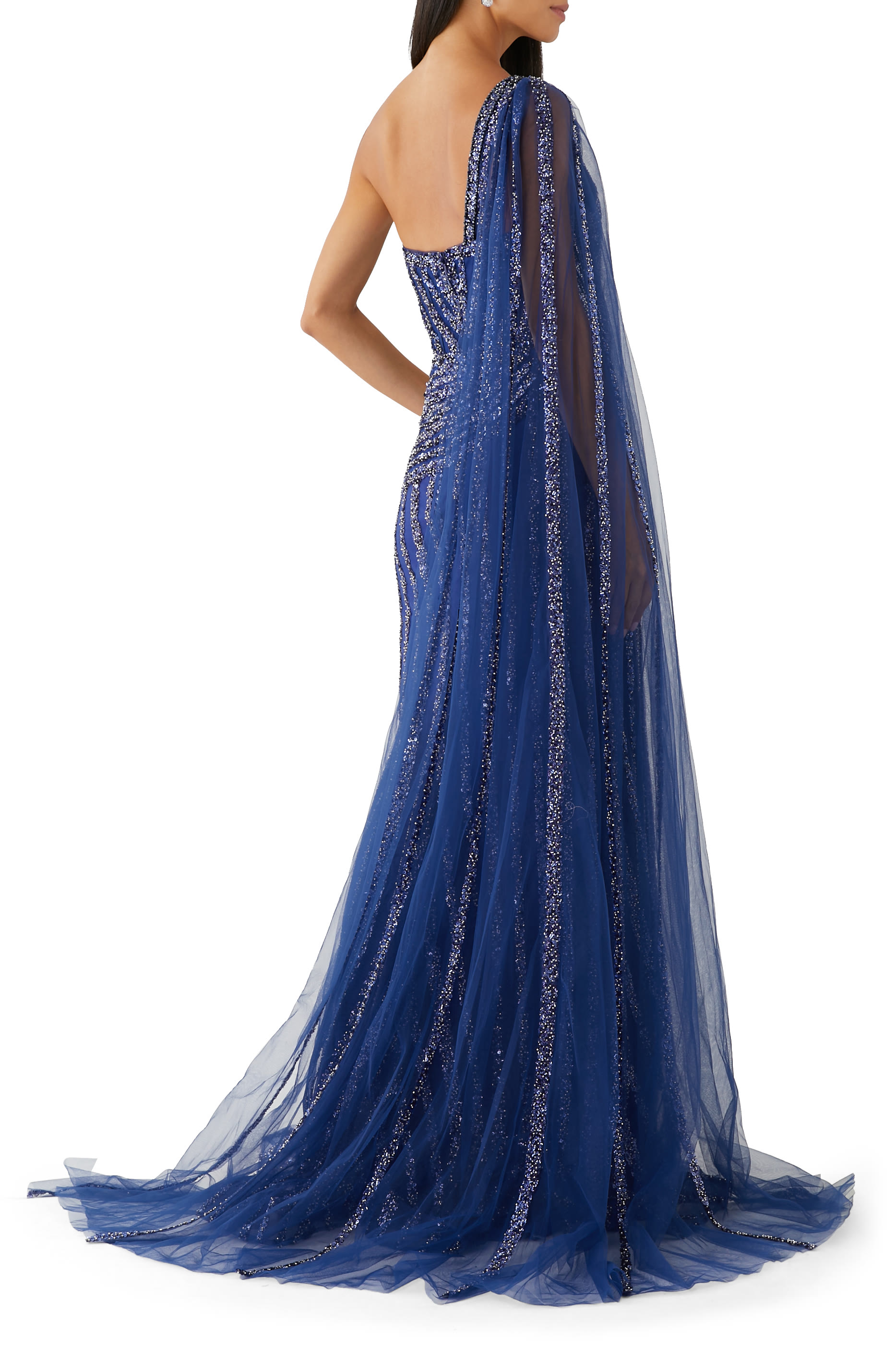 One Shoulder Gown with Tulle Cape